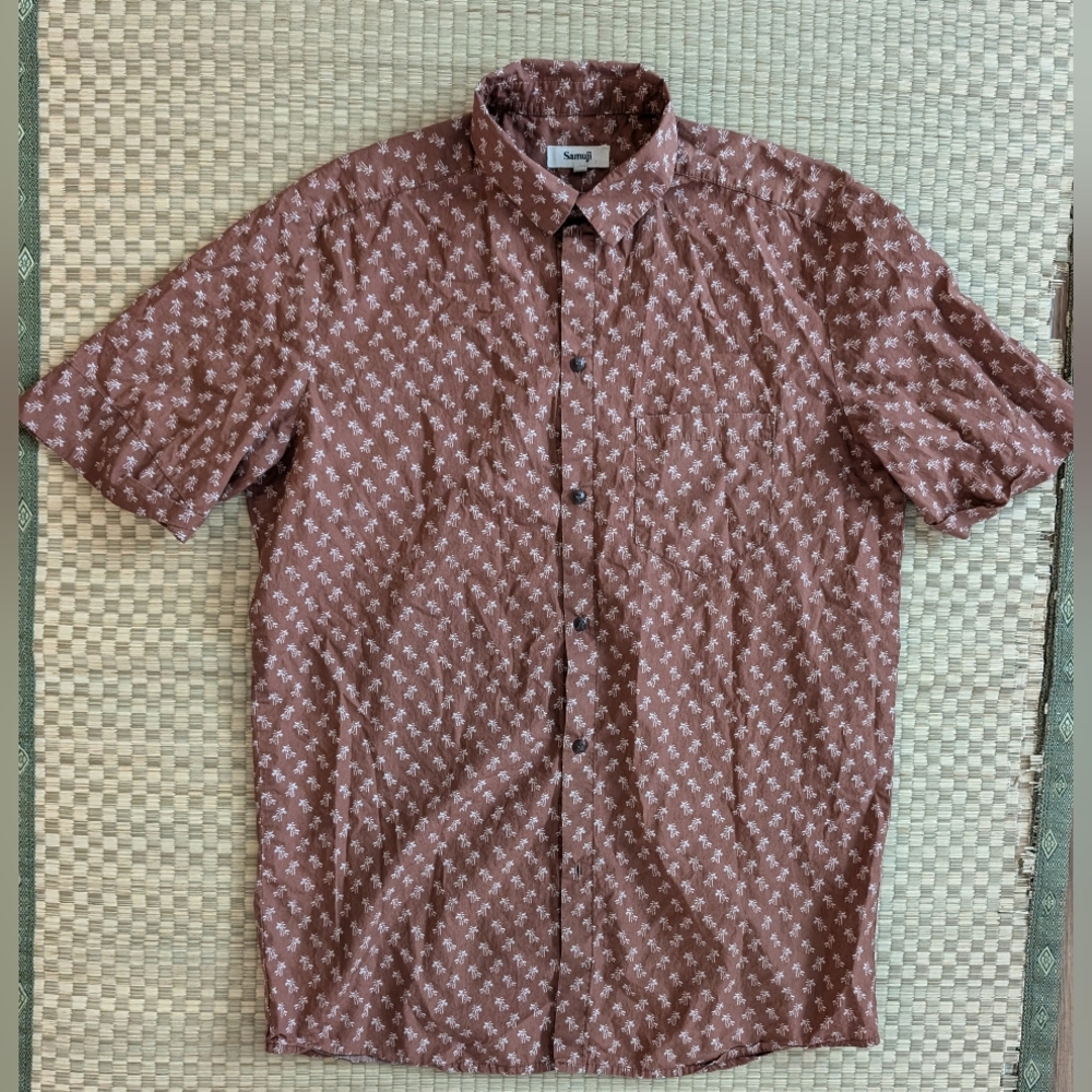 Samuji Palm Tree Short Sleeve Button Up Shirt Red Men's Size Medium